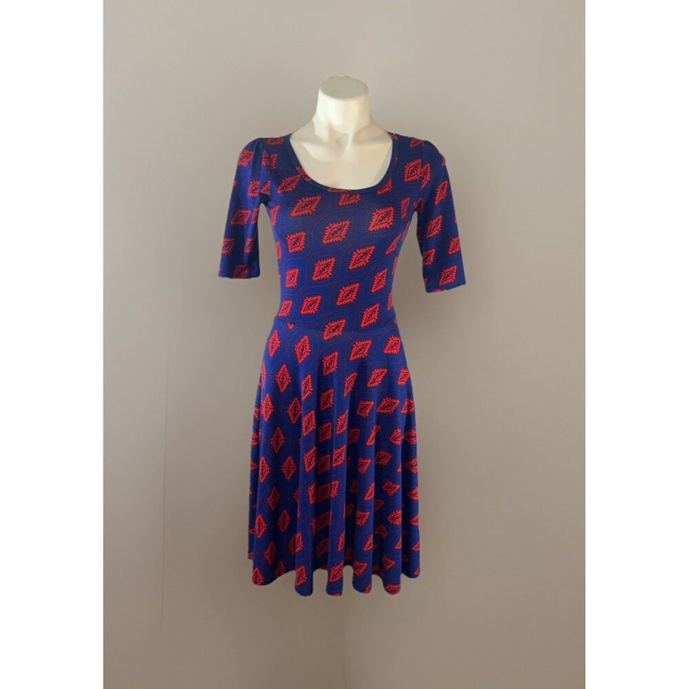 Lularoe Nicole Dress Size XS Blue W/ Red Design Simply Comfortable Short Sleeve